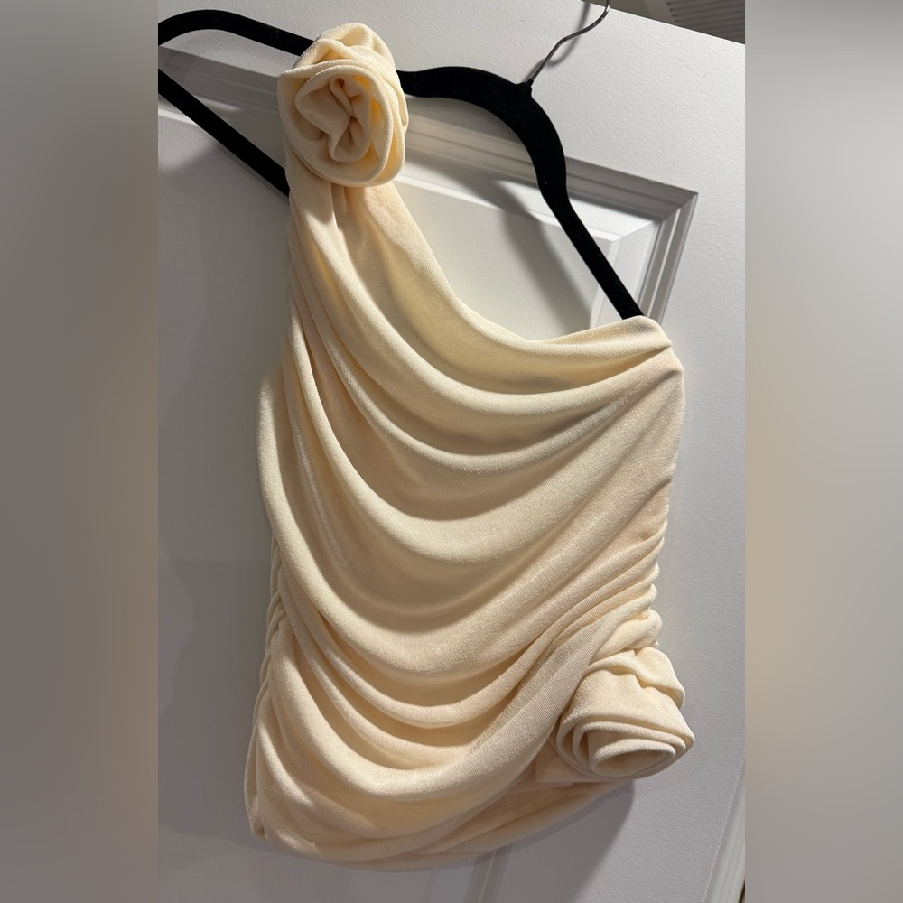 Anthropologie Sunday in Brooklyn Rosette Elegant Cream Draped Top